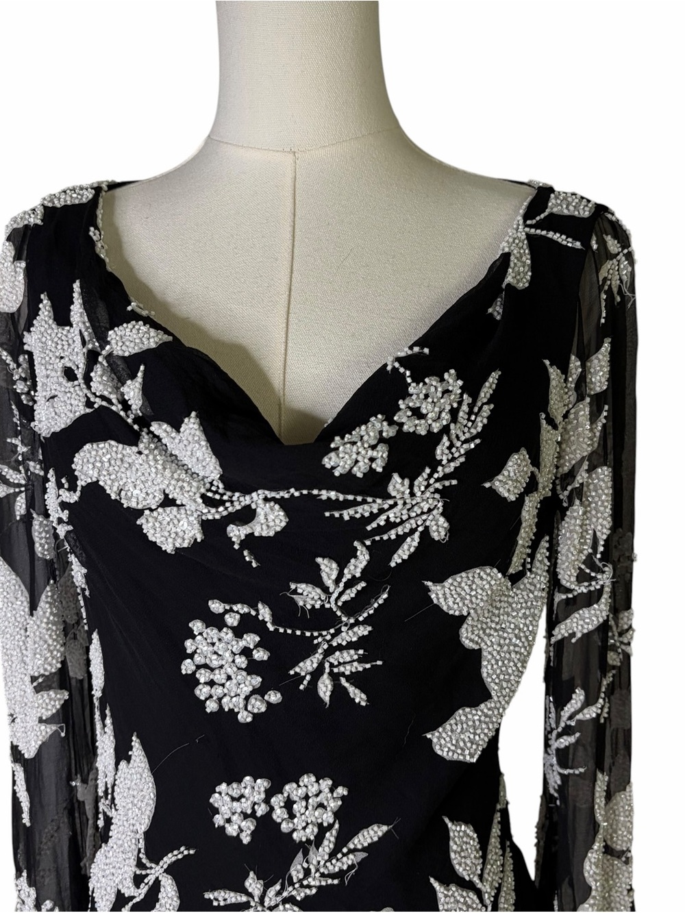 Carmen Marc Valvo 100% silk Black Beaded Floral Cowl Neck Shirt Blouse - Picture 2 of 7